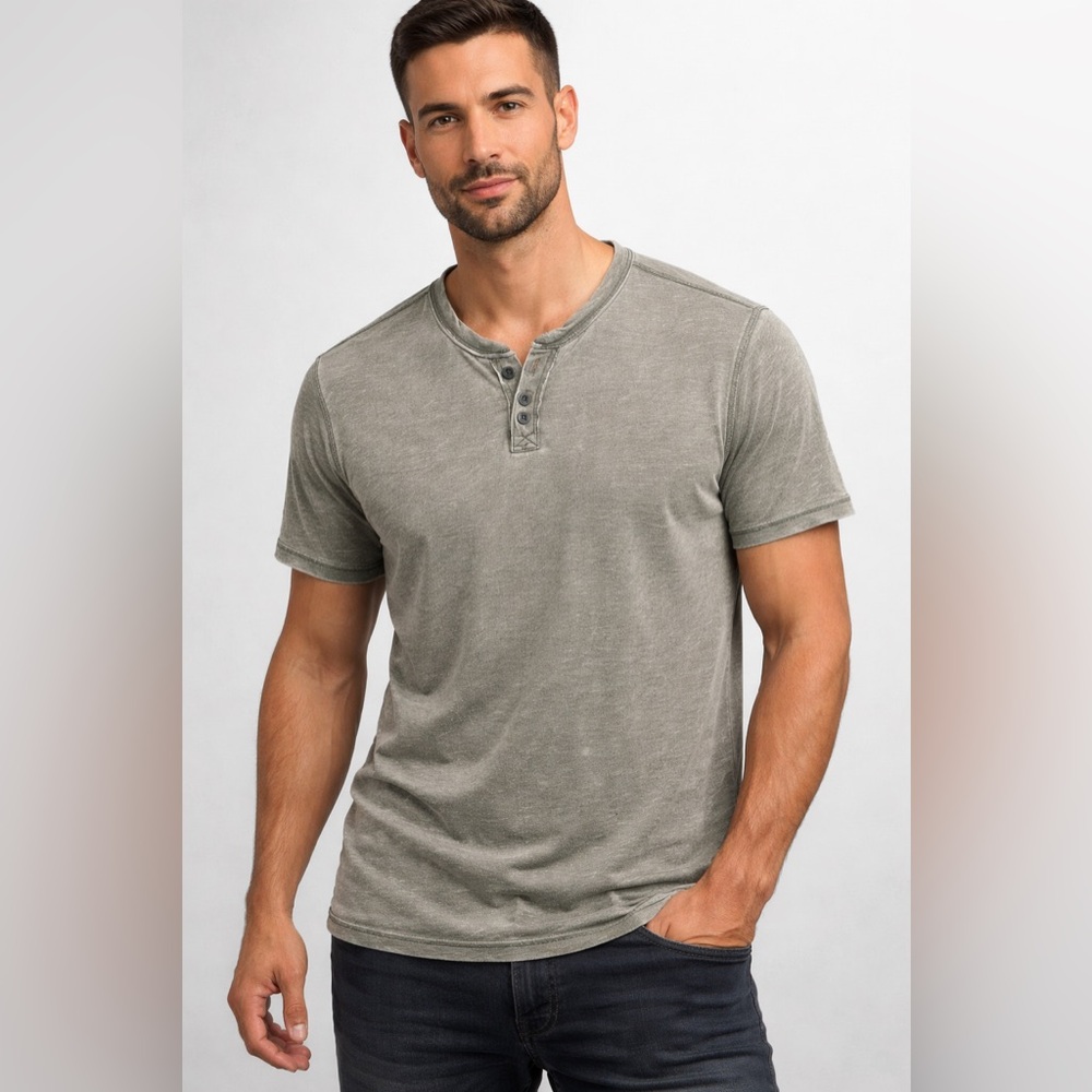 Lucky Brand Venice Burnout Henley Tee Size Small Gray Vintage Wash Shirt